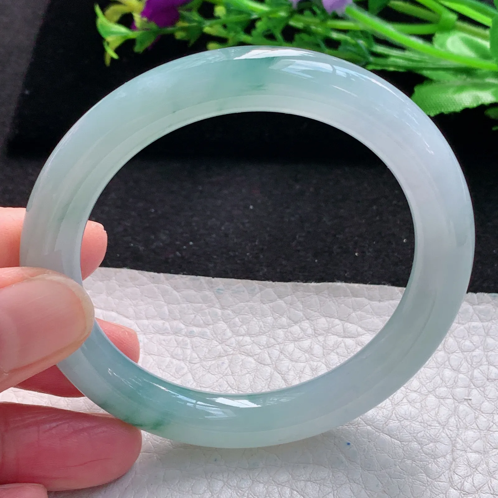 r自然光54.5*9.3美人镯 缅甸翡翠a货玉手镯冰飘花珠宝玉手环 叮当镯