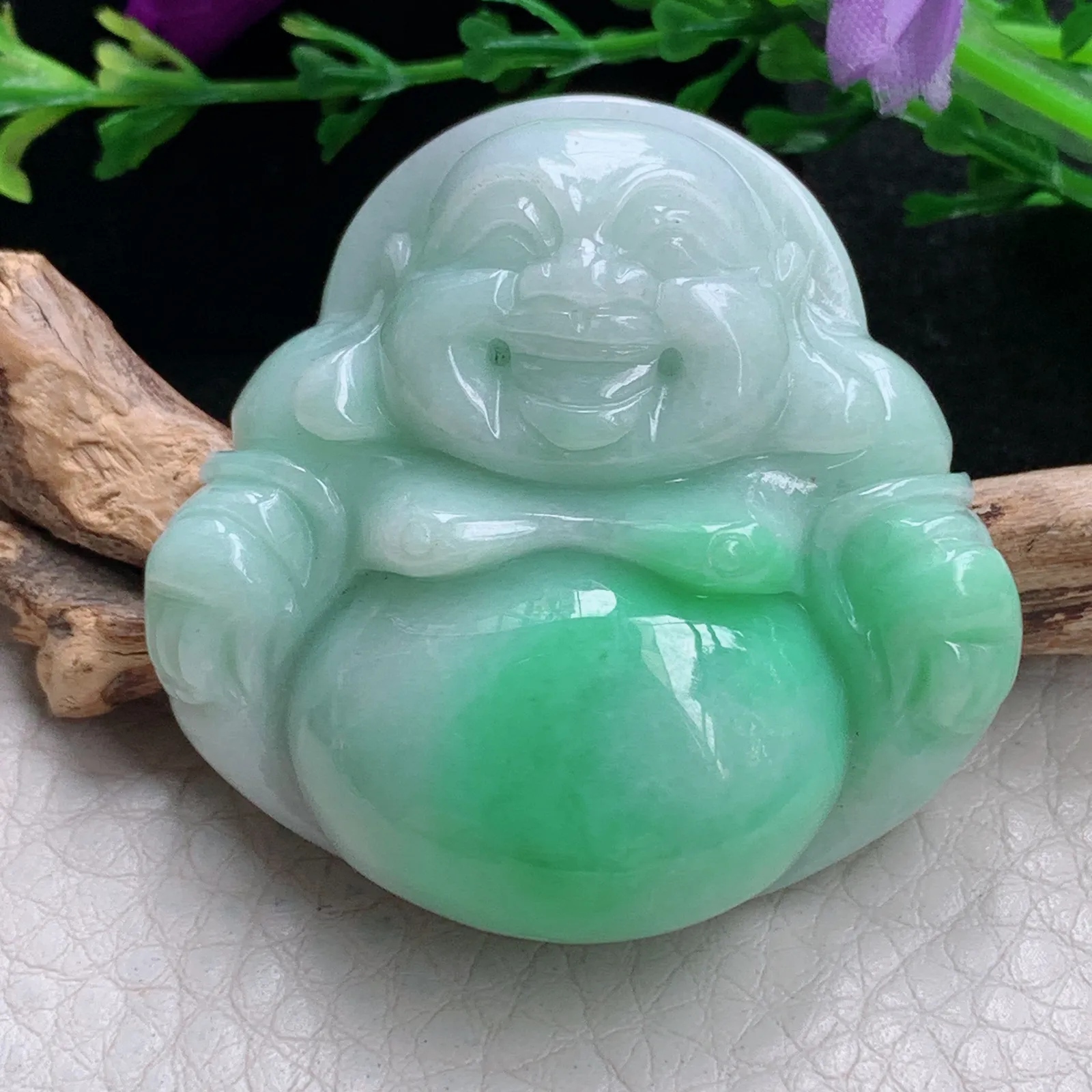 zen自然光42*43.3*12.8天然缅甸翡翠飘绿佛公 弥勒佛玉吊坠 玉挂件