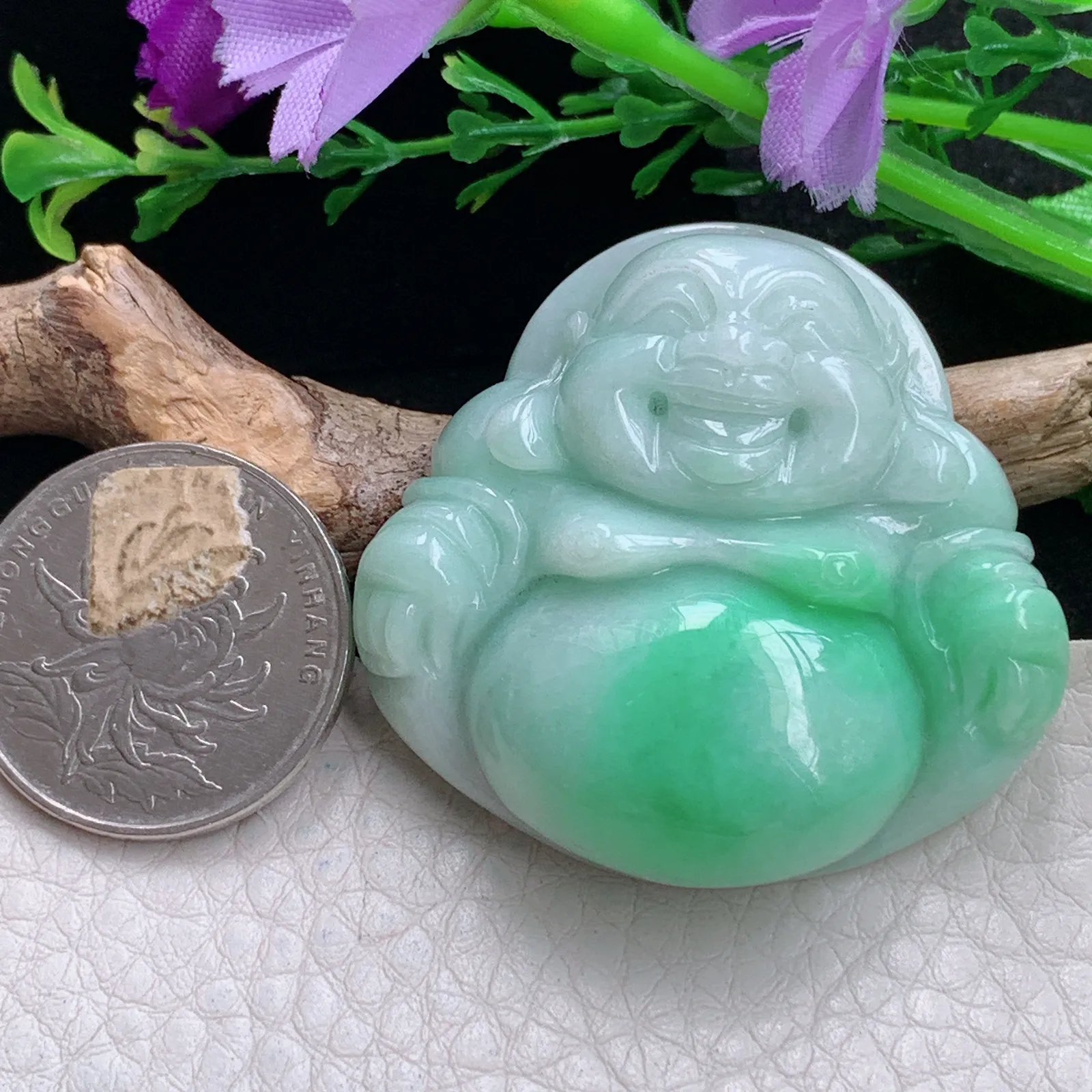 zen自然光42*43.3*12.8天然缅甸翡翠飘绿佛公 弥勒佛玉吊坠 玉挂件