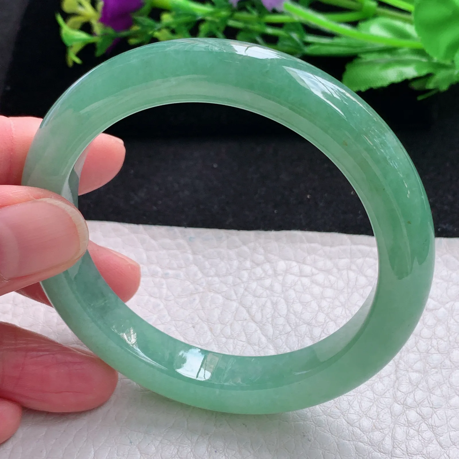 yh自然光56.6*10.5*9平安镯 缅甸翡翠a货玉手镯冰绿秀气宽边珠宝玉手环