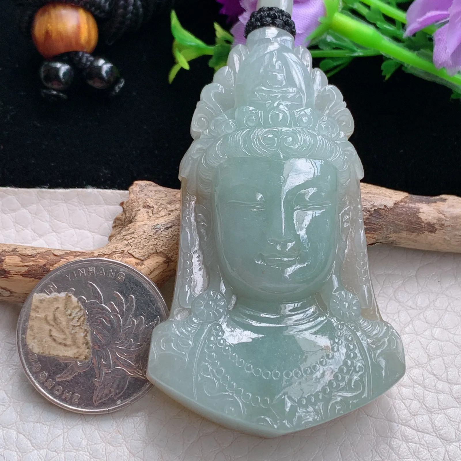 mut自然光66.8*40*14天然缅甸翡翠双彩大件观音首玉吊坠 玉挂件