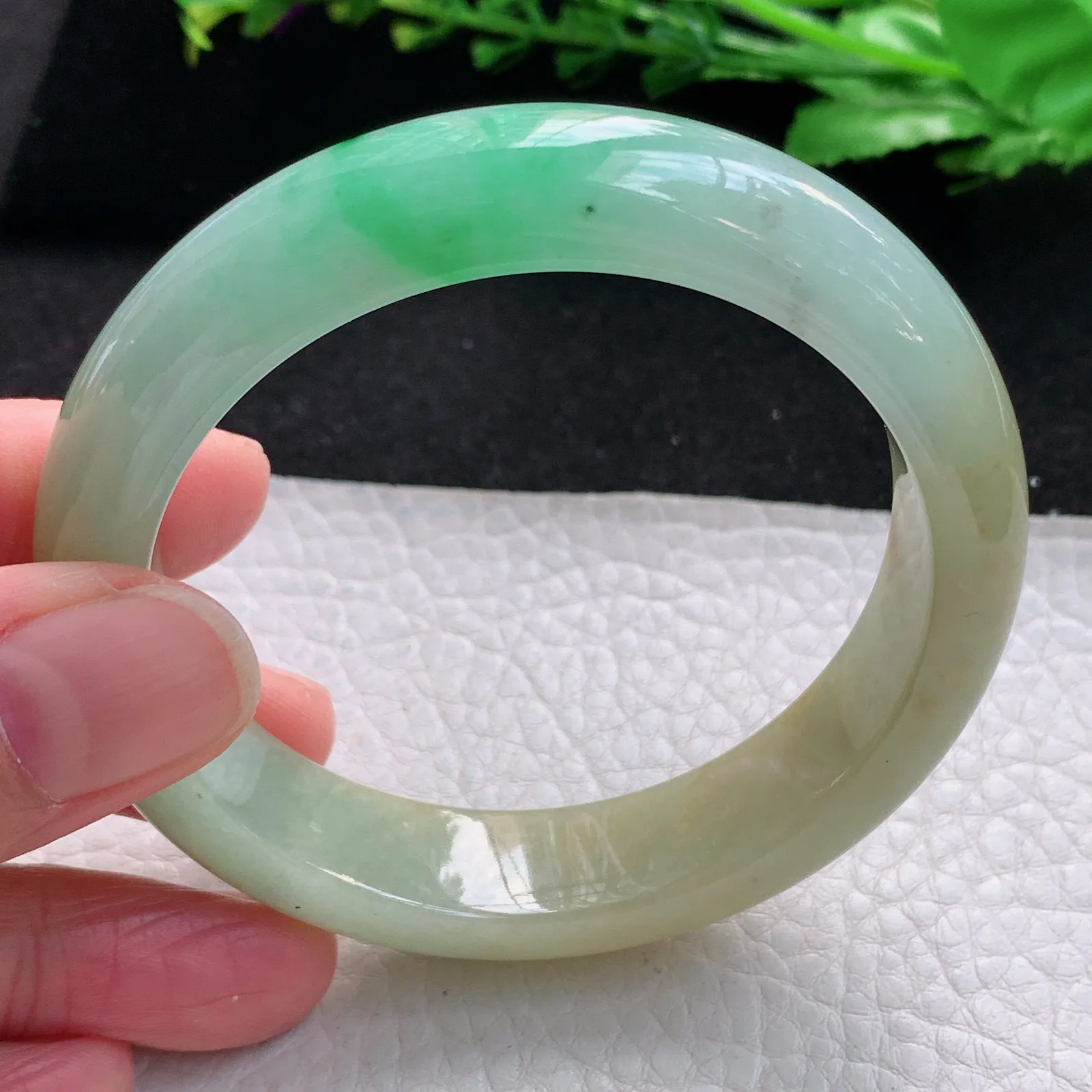 h自然光55.5*13.5*8.5平安镯 缅甸翡翠a货玉手镯水润三彩宽边珠宝玉手环