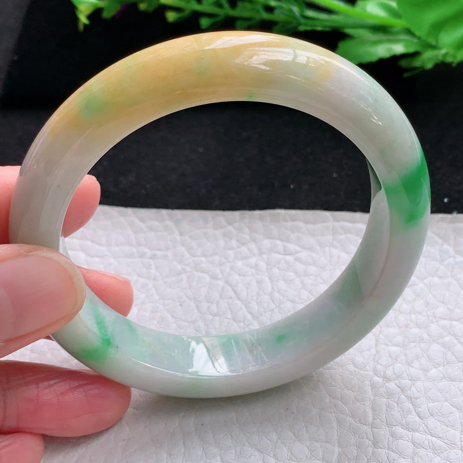 h自然光57*13*8.8平安镯 缅甸翡翠a货玉手镯三彩宽边珠宝玉手环