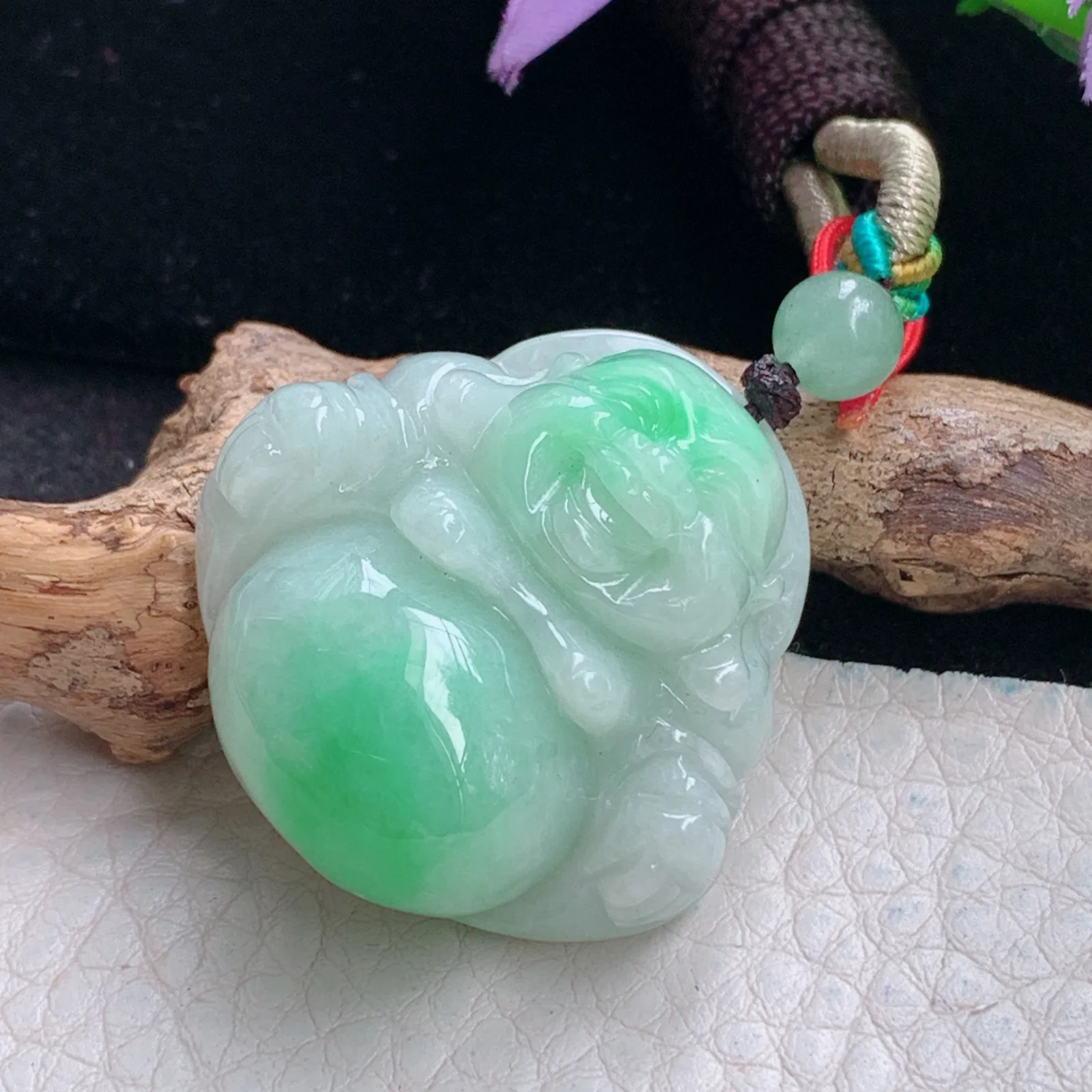 zen自然光31.5*31.5*12.8天然缅甸翡翠辣绿佛公 弥勒佛玉吊坠 玉挂件