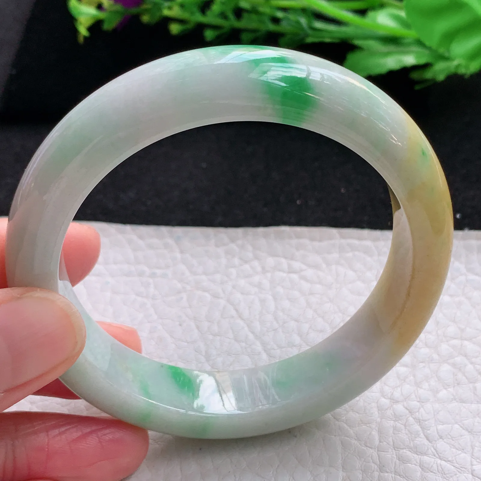 h自然光57*13*8.8平安镯 缅甸翡翠a货玉手镯三彩宽边珠宝玉手环