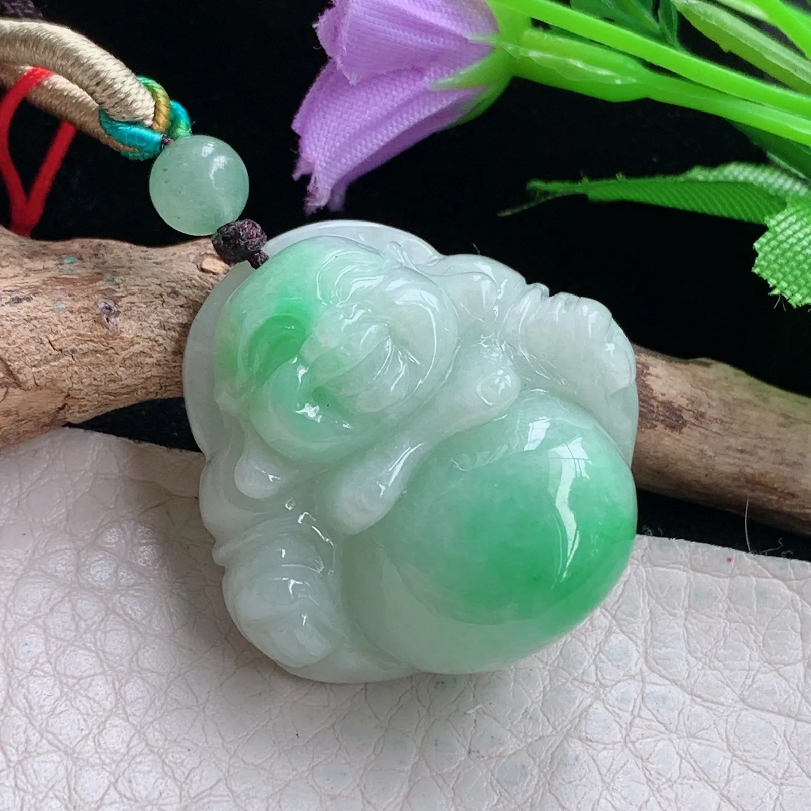 zen自然光31.5*31.5*12.8天然缅甸翡翠辣绿佛公 弥勒佛玉吊坠 玉挂件