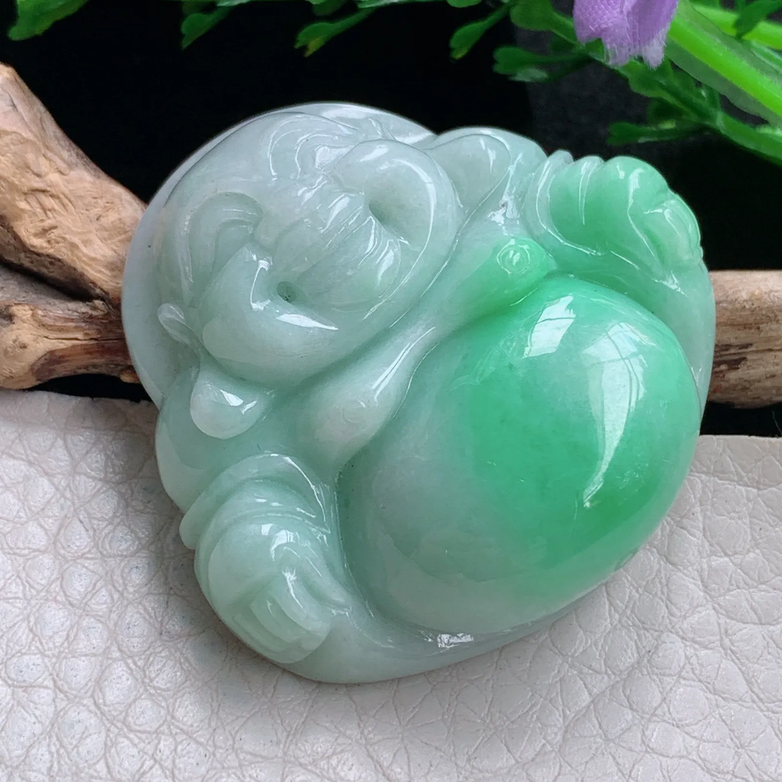 zen自然光42*43.3*12.8天然缅甸翡翠飘绿佛公 弥勒佛玉吊坠 玉挂件