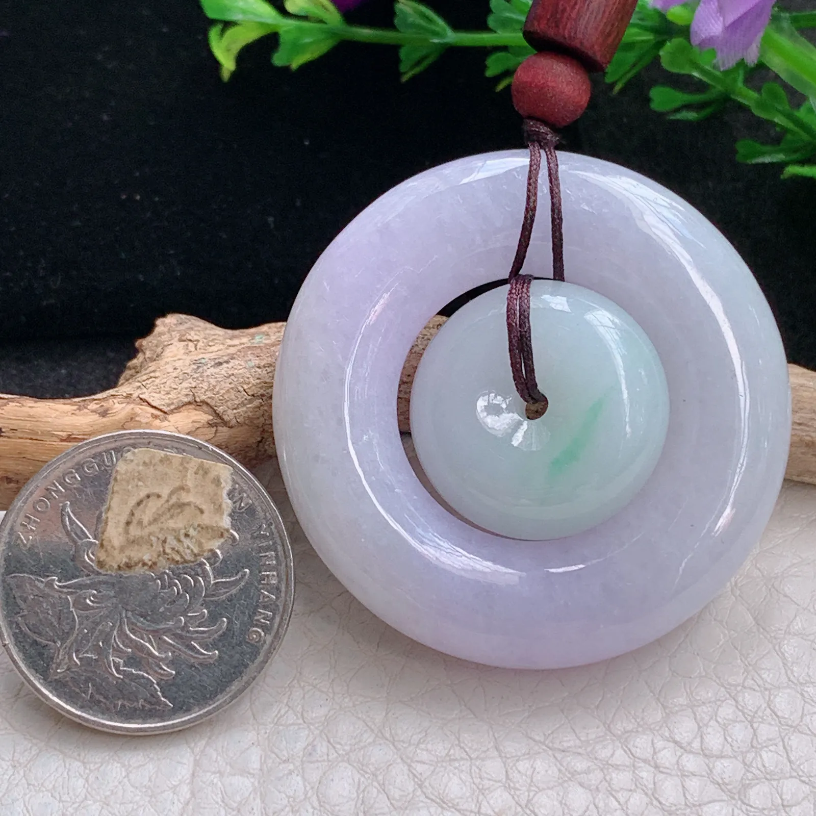 zen自然光43.7*10.3天然缅甸翡翠春带彩梦幻款子母扣 代代相传玉吊坠 玉挂件