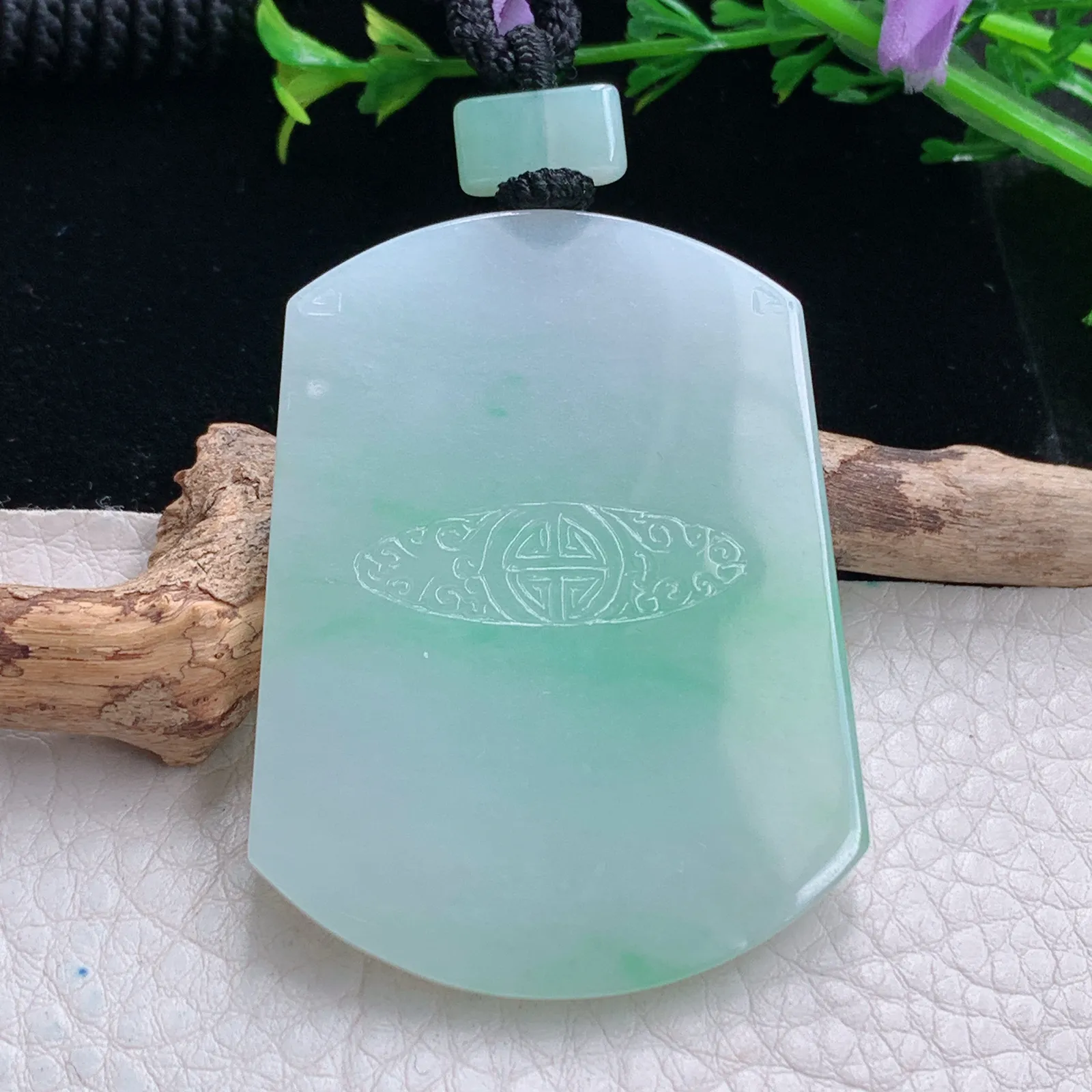 mut自然光53*40.5*4天然缅甸翡翠冰飘绿花平安无事牌玉吊坠 玉挂件