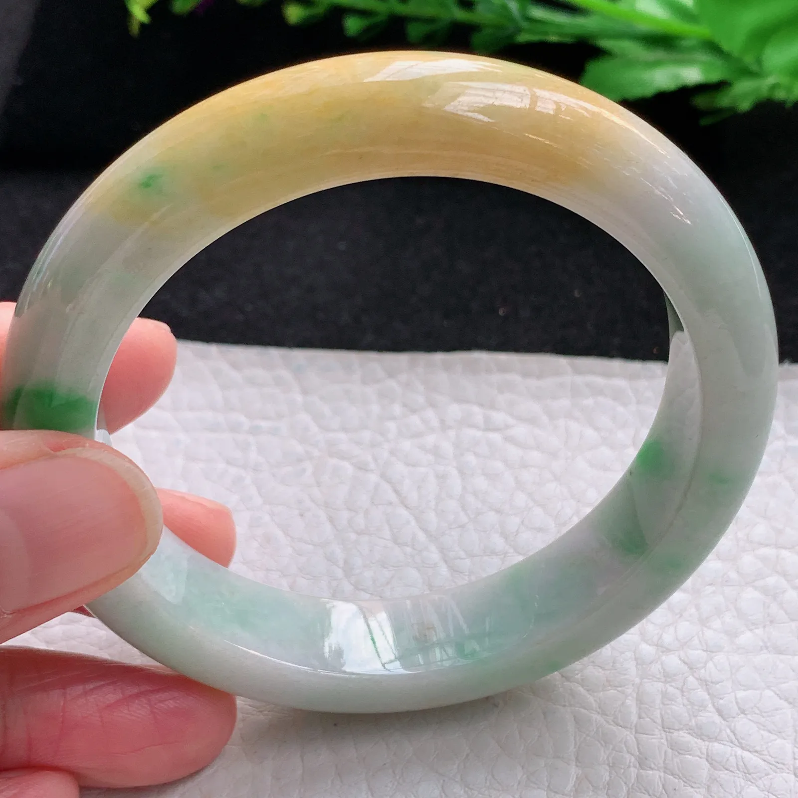 h自然光57*13*8.8平安镯 缅甸翡翠a货玉手镯三彩宽边珠宝玉手环