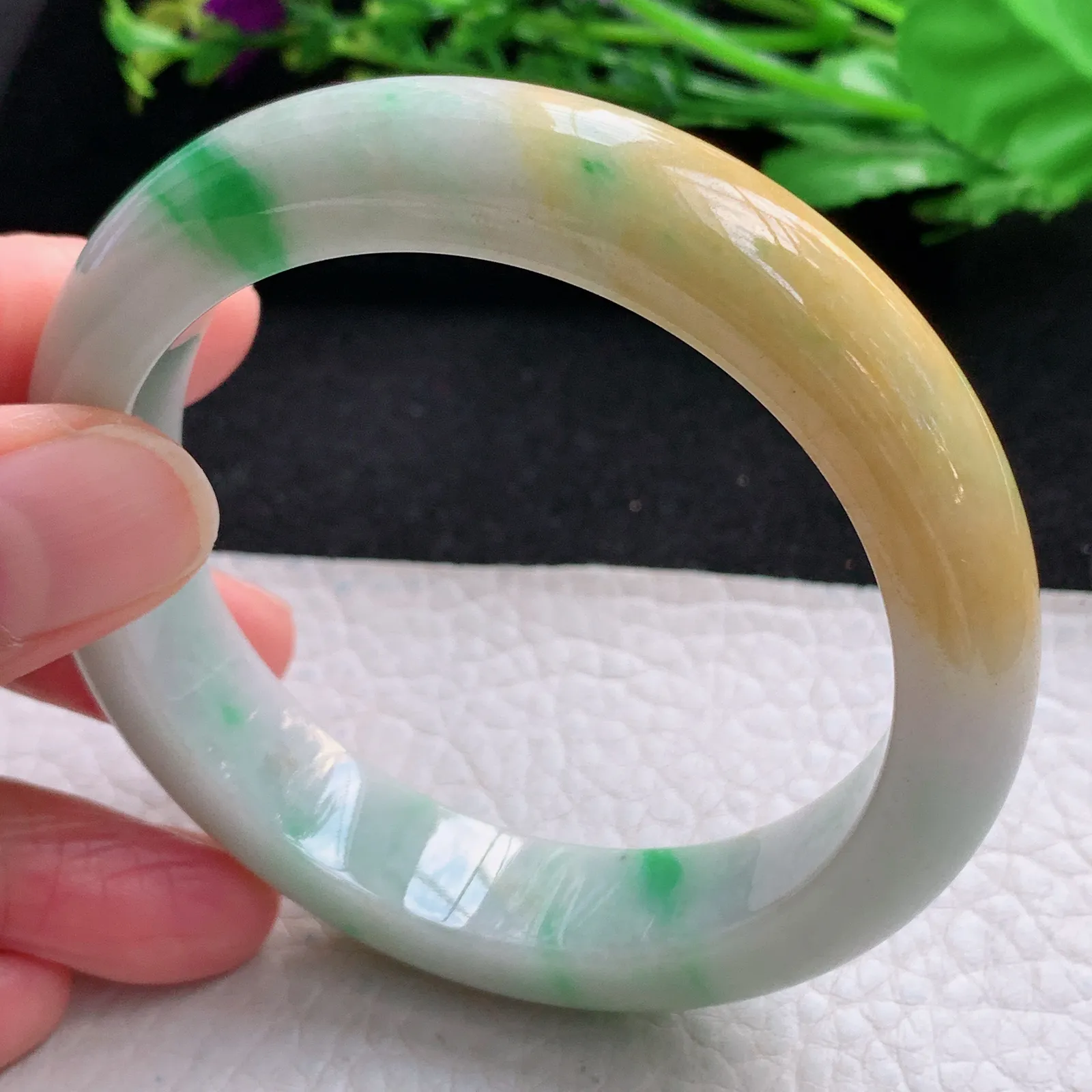 h自然光57*13*8.8平安镯 缅甸翡翠a货玉手镯三彩宽边珠宝玉手环