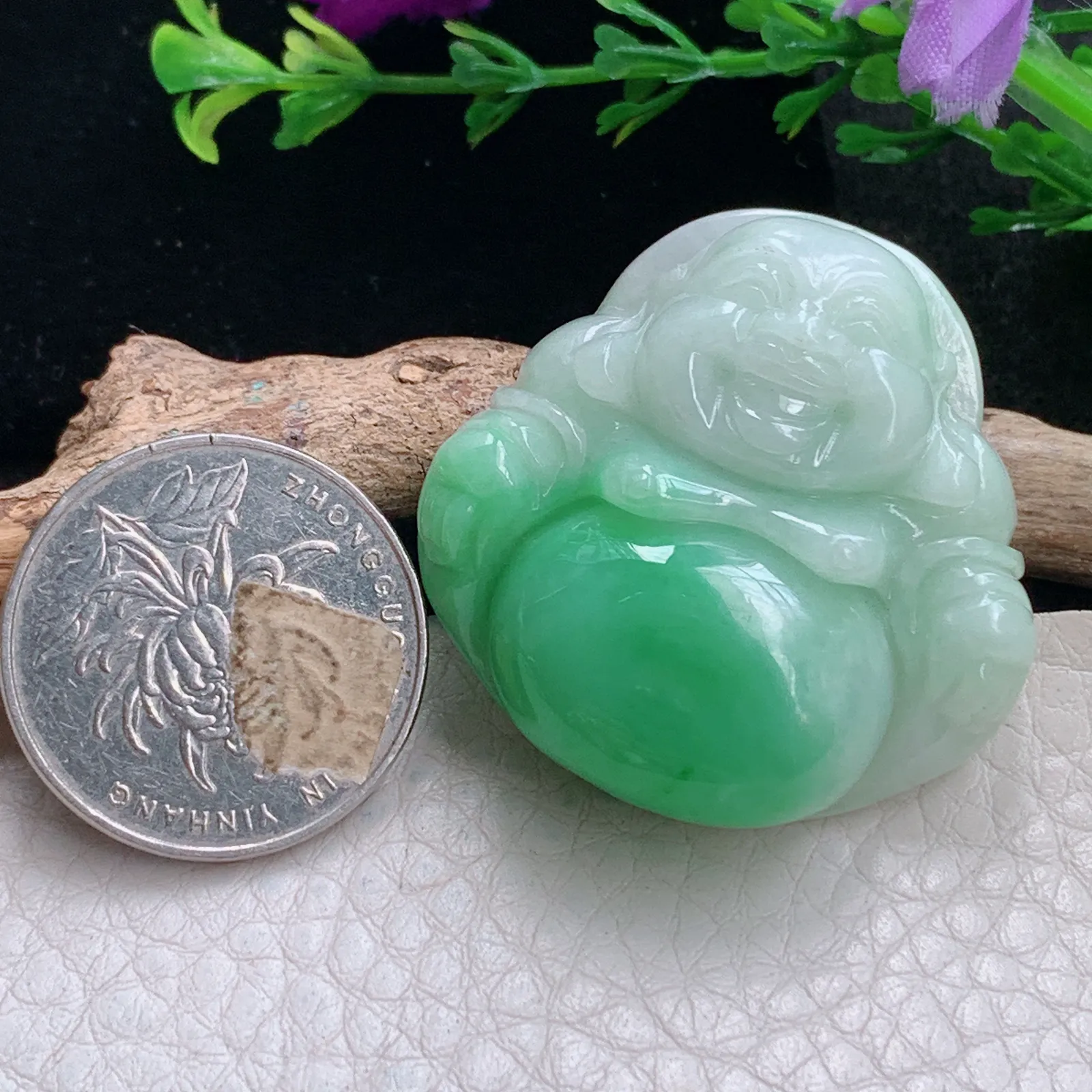 zen自然光37*36.8*11.5天然缅甸翡翠辣绿佛公 弥勒佛玉吊坠 玉挂件