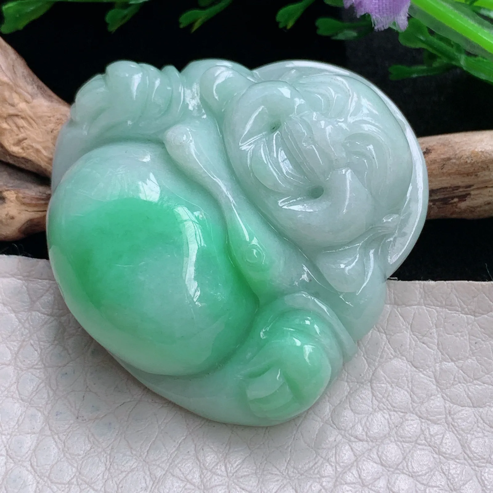 zen自然光42*43.3*12.8天然缅甸翡翠飘绿佛公 弥勒佛玉吊坠 玉挂件