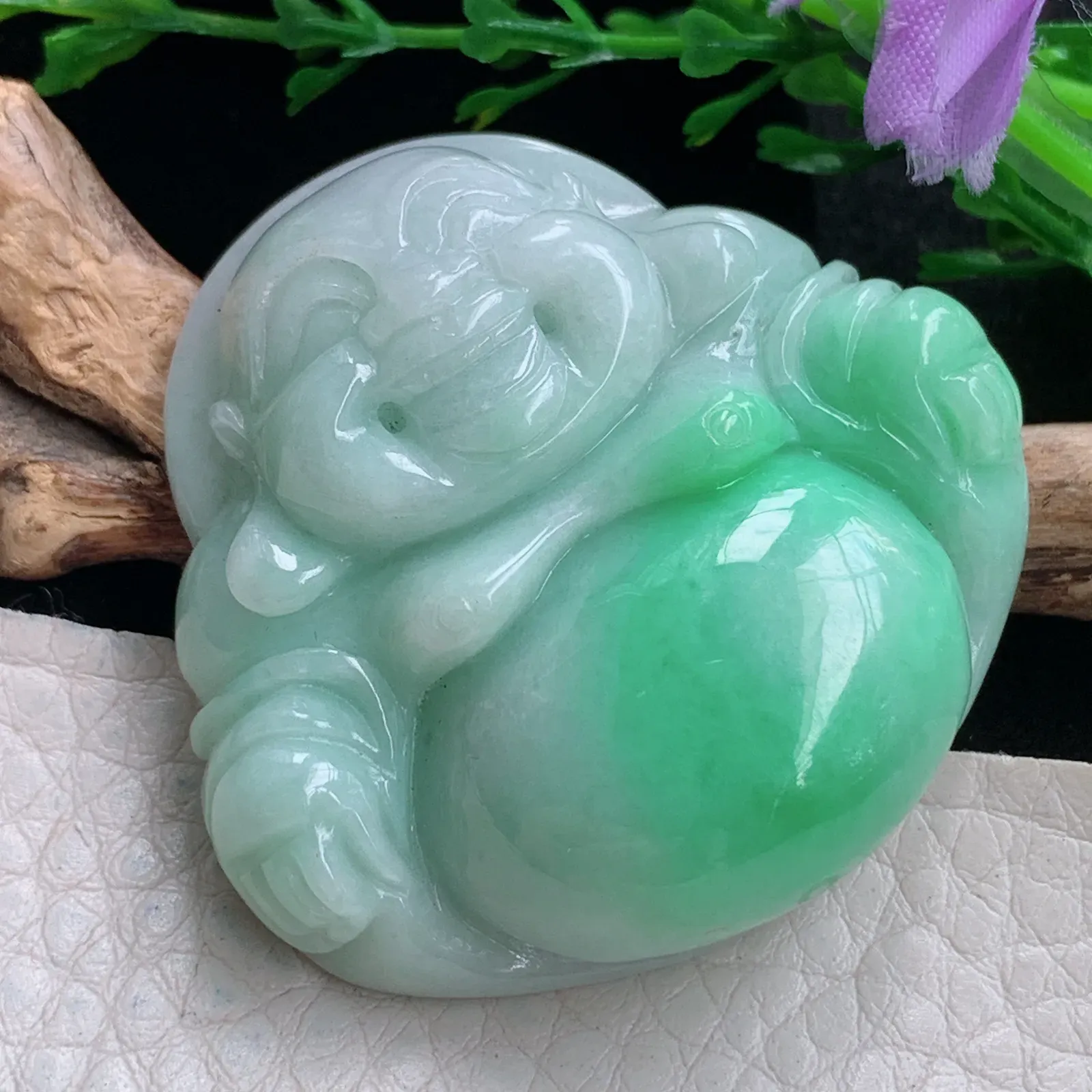 zen自然光42*43.3*12.8天然缅甸翡翠飘绿佛公 弥勒佛玉吊坠 玉挂件