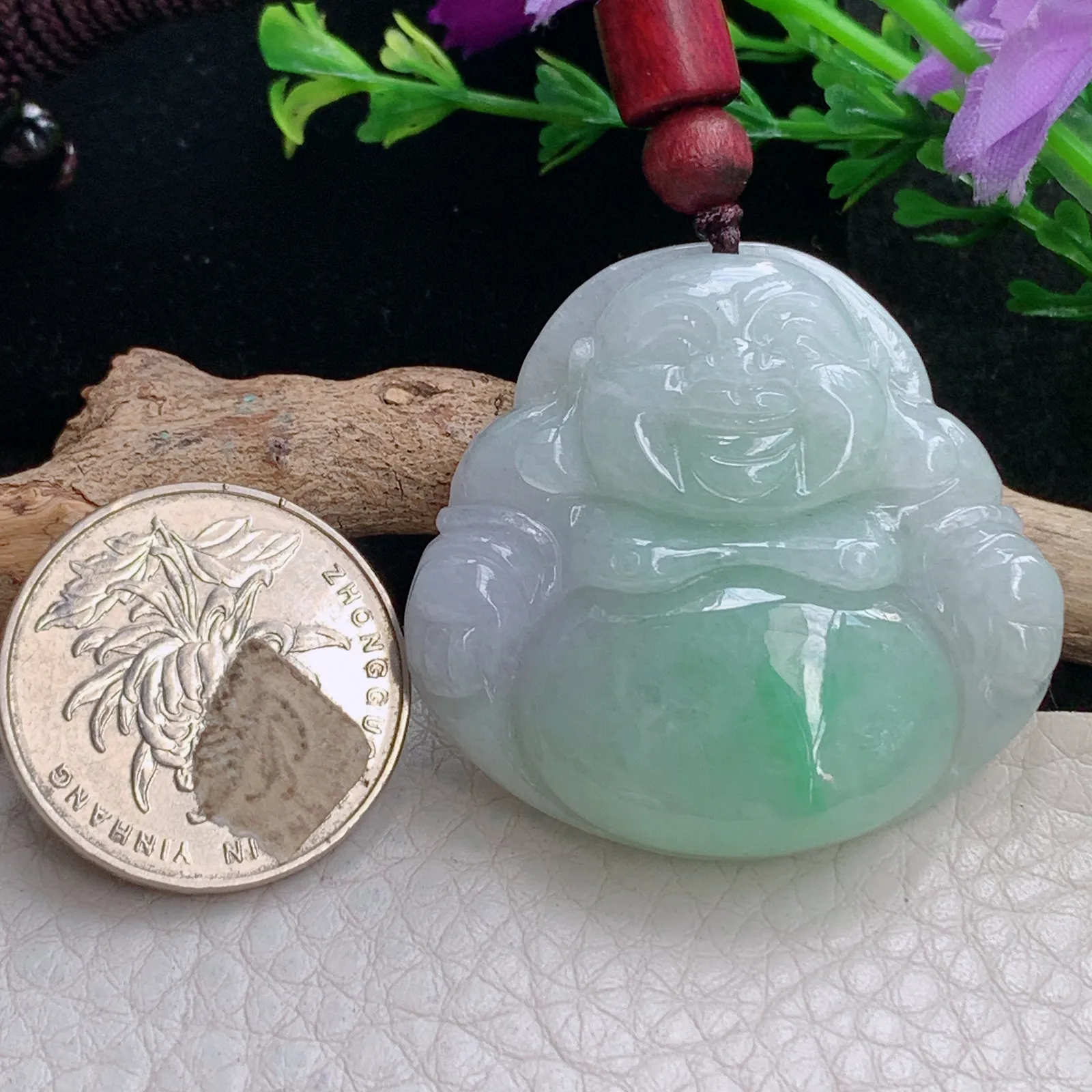 zen自然光37.8*39.6*9天然缅甸翡翠清新飘绿佛公 弥勒佛玉吊坠 玉挂件