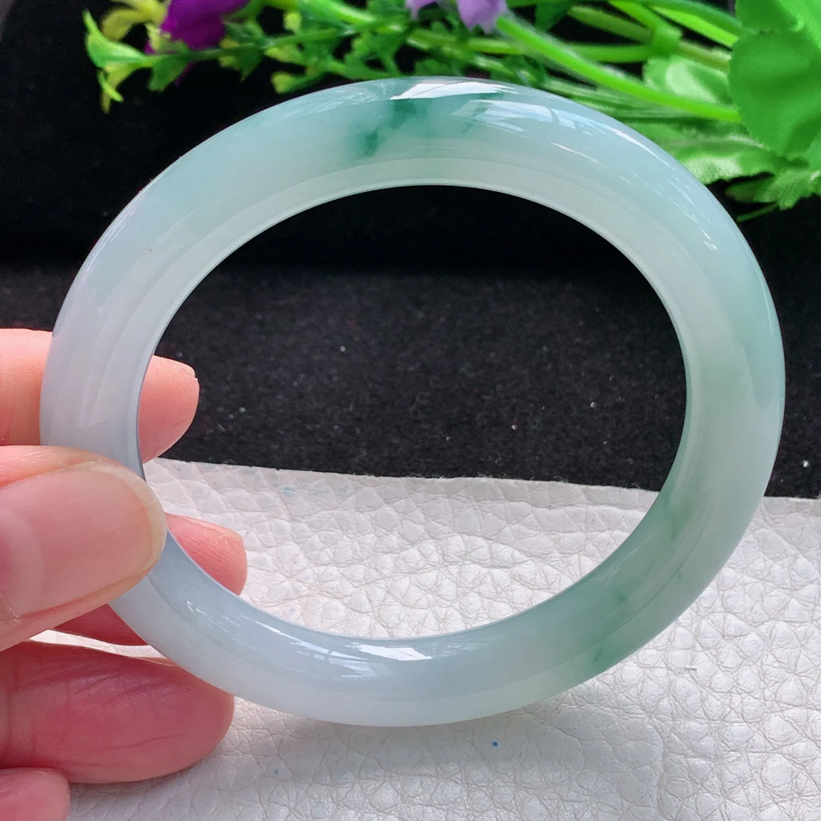 r自然光54.5*9.3美人镯 缅甸翡翠a货玉手镯冰飘花珠宝玉手环 叮当镯