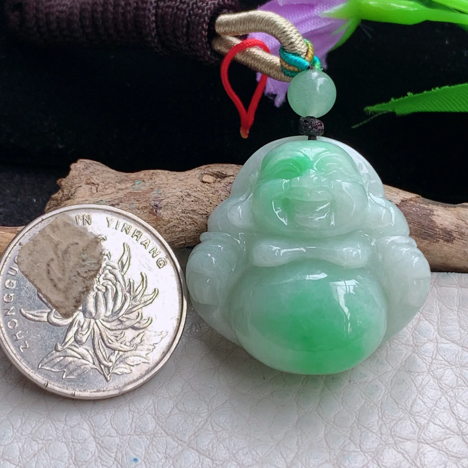 zen自然光31.5*31.5*12.8天然缅甸翡翠辣绿佛公 弥勒佛玉吊坠 玉挂件