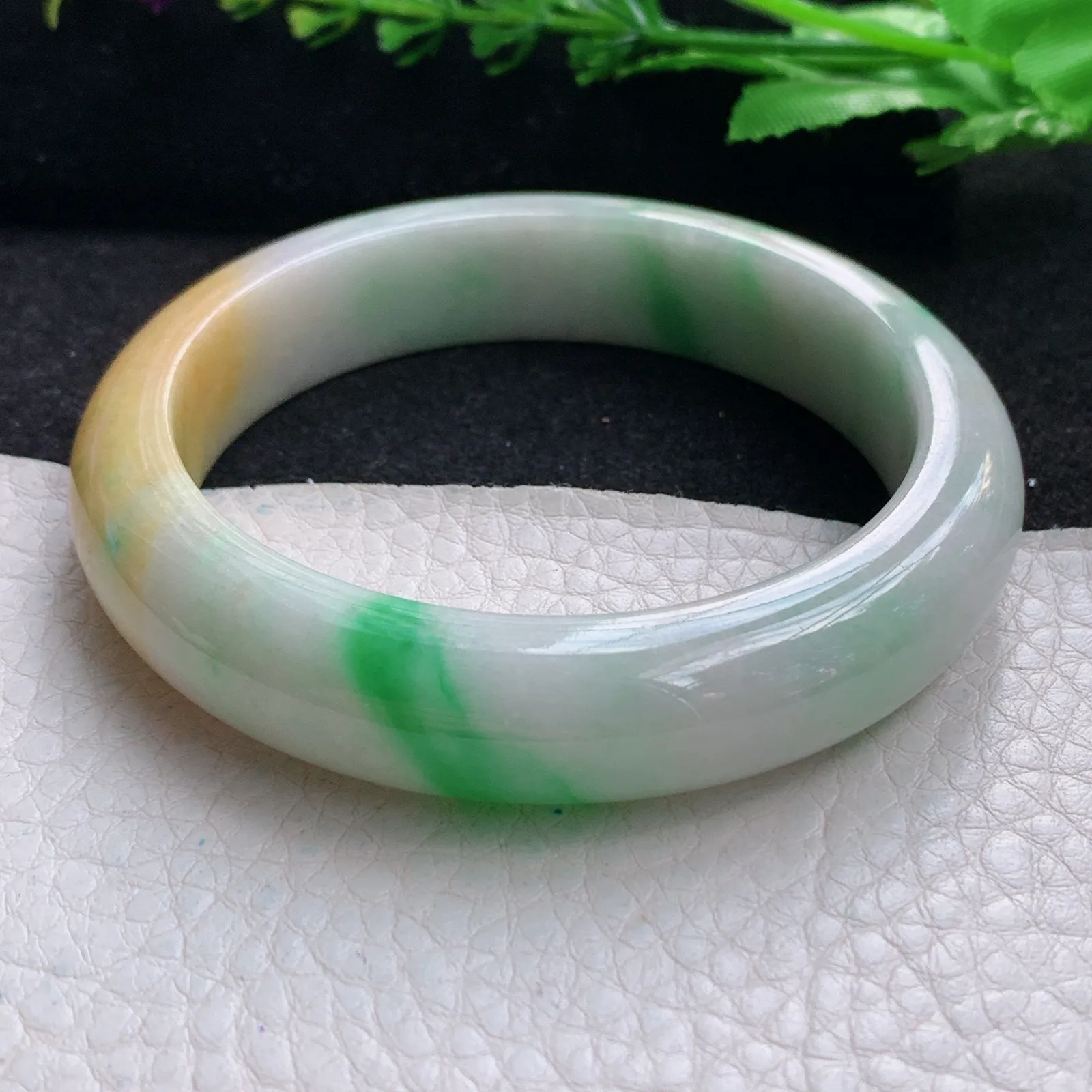 h自然光57*13*8.8平安镯 缅甸翡翠a货玉手镯三彩宽边珠宝玉手环