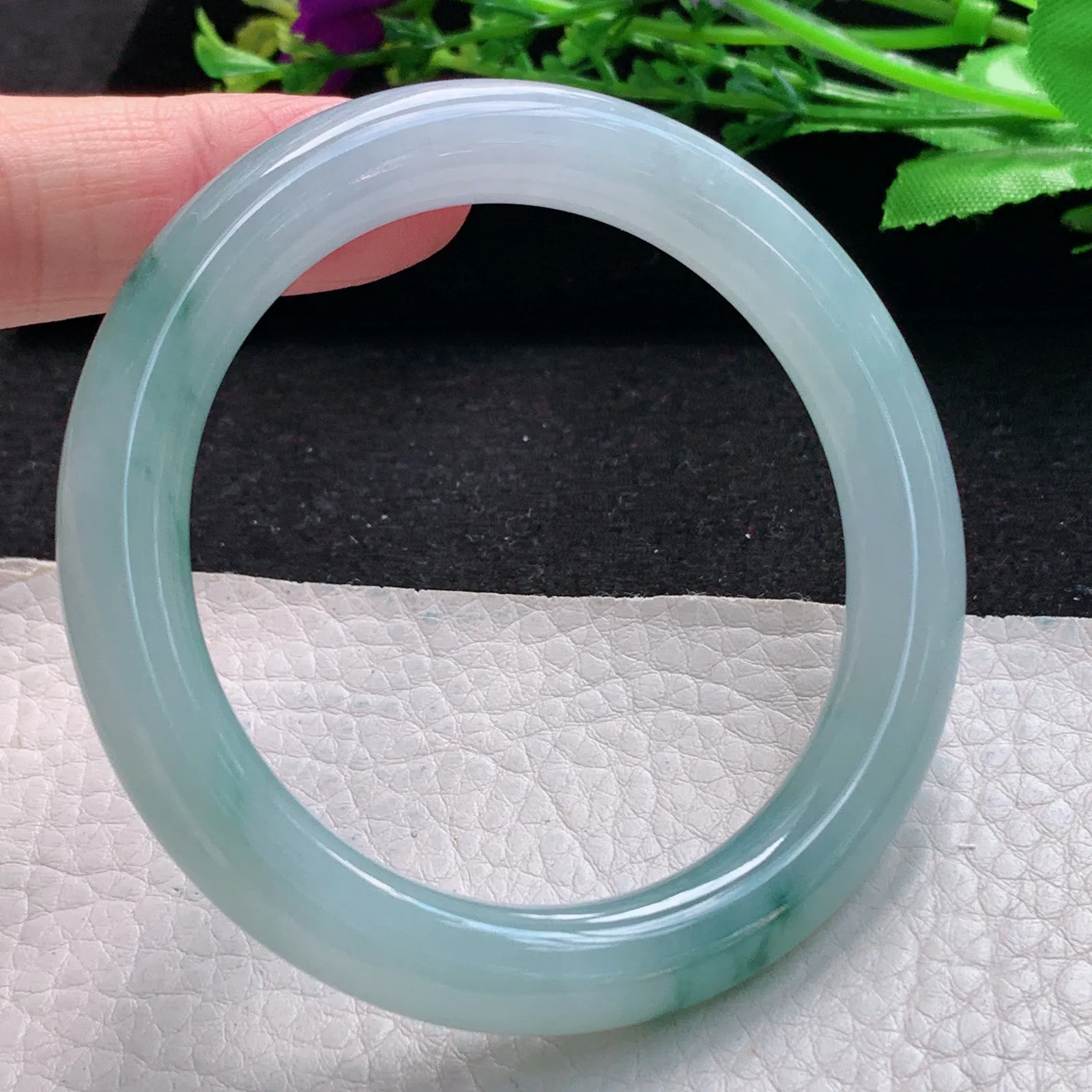 r自然光54.5*9.3美人镯 缅甸翡翠a货玉手镯冰飘花珠宝玉手环 叮当镯