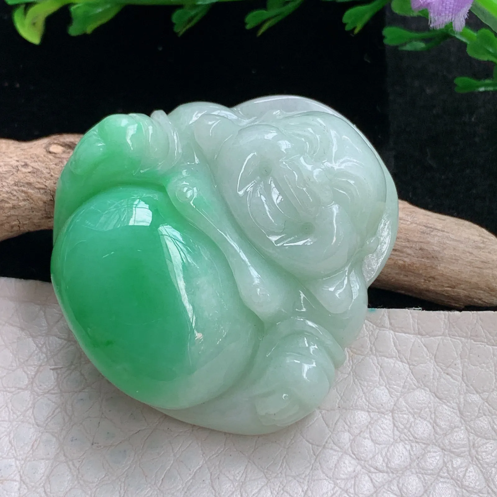 zen自然光37*36.8*11.5天然缅甸翡翠辣绿佛公 弥勒佛玉吊坠 玉挂件