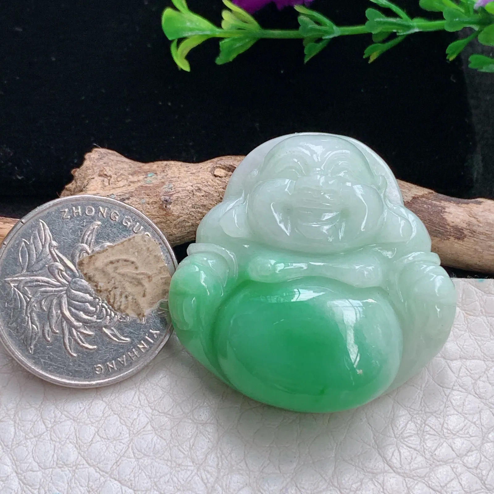 zen自然光37*36.8*11.5天然缅甸翡翠辣绿佛公 弥勒佛玉吊坠 玉挂件