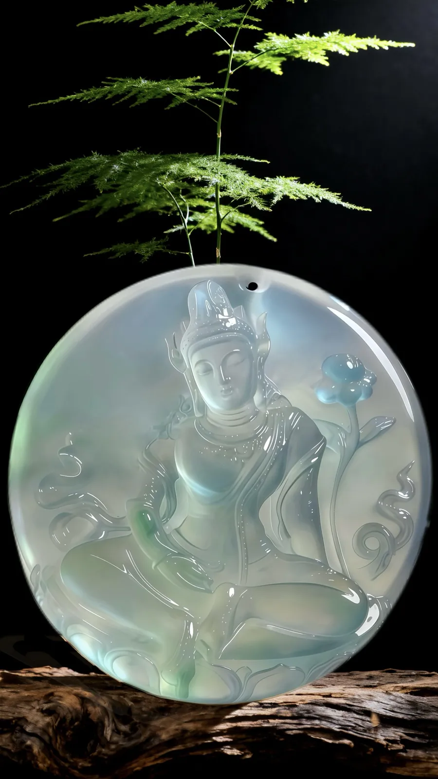 【慈莲净世·观自在】，观音菩萨，
缅甸天然翡翠，厚装，精雕。
54-54-14.5mm，75.65g，