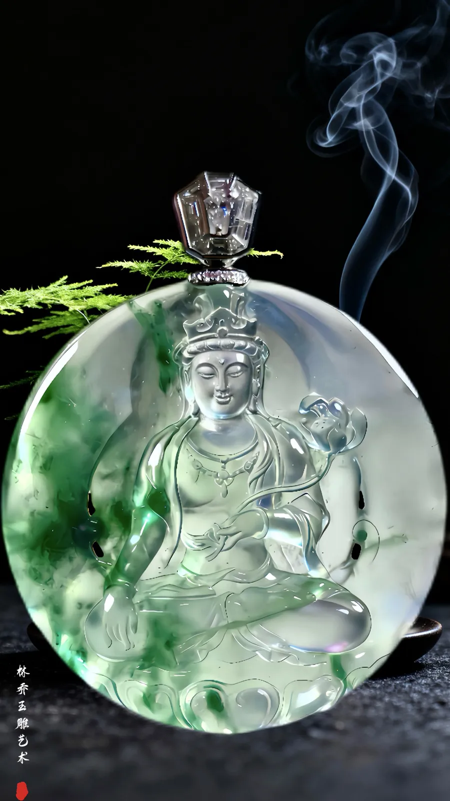 【心静如莲·观自在】，观音菩萨，
林乔玉雕艺术作品，玻璃种缅甸天然翡翠料子，
作品68-56-6.2mm，42.35g，
18K金，南非钻，