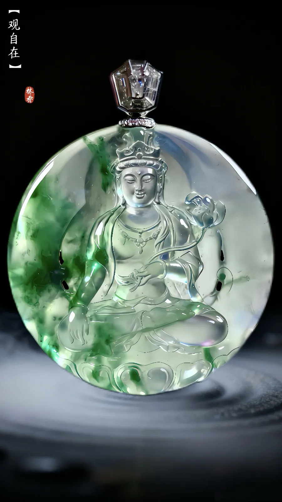 【心静如莲·观自在】，观音菩萨，
林乔玉雕艺术作品，玻璃种缅甸天然翡翠料子，
作品68-56-6.2