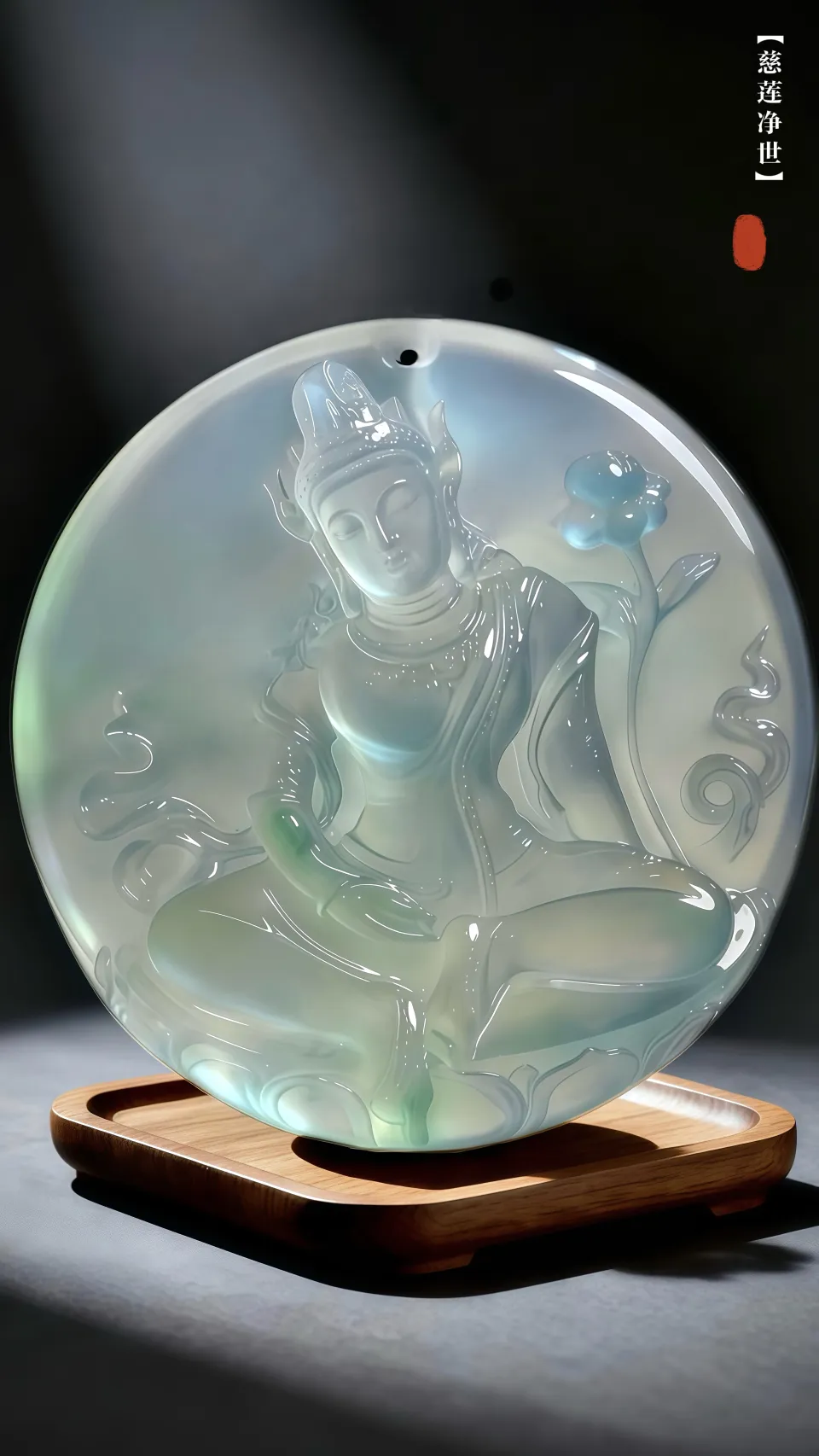 【慈莲净世·观自在】，观音菩萨，
缅甸天然翡翠，厚装，精雕。
54-54-14.5mm，75.65g