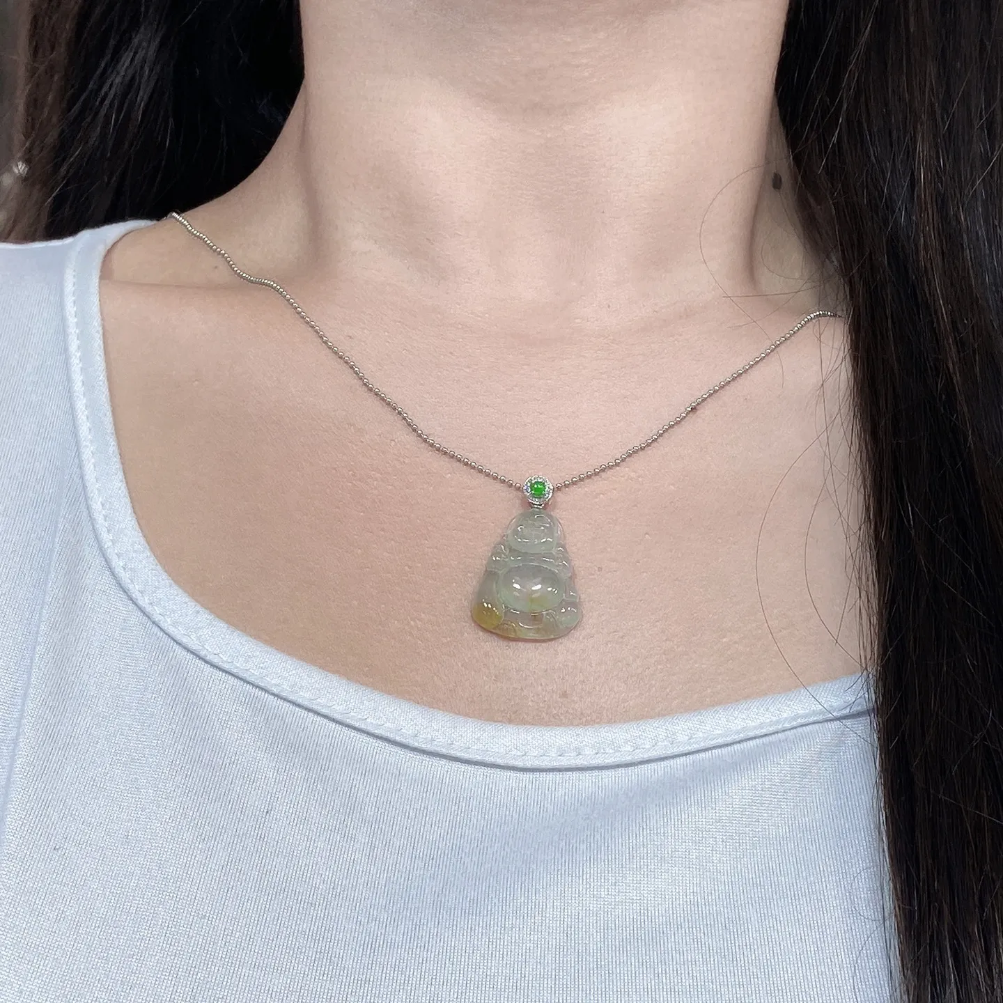 冰种飘黄翡布袋佛吊坠 尺寸33.6-17.1-6毫米