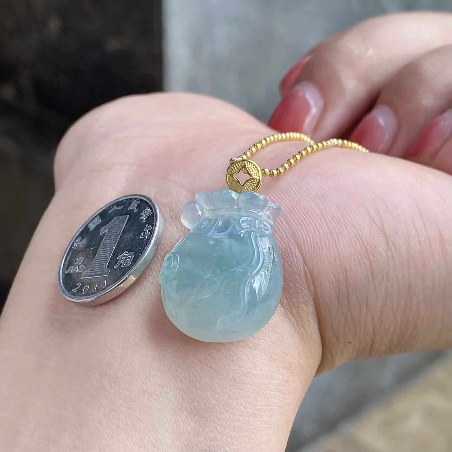 冰种蓝晴钱袋吊坠 尺寸26.2-15.5-8.4毫米