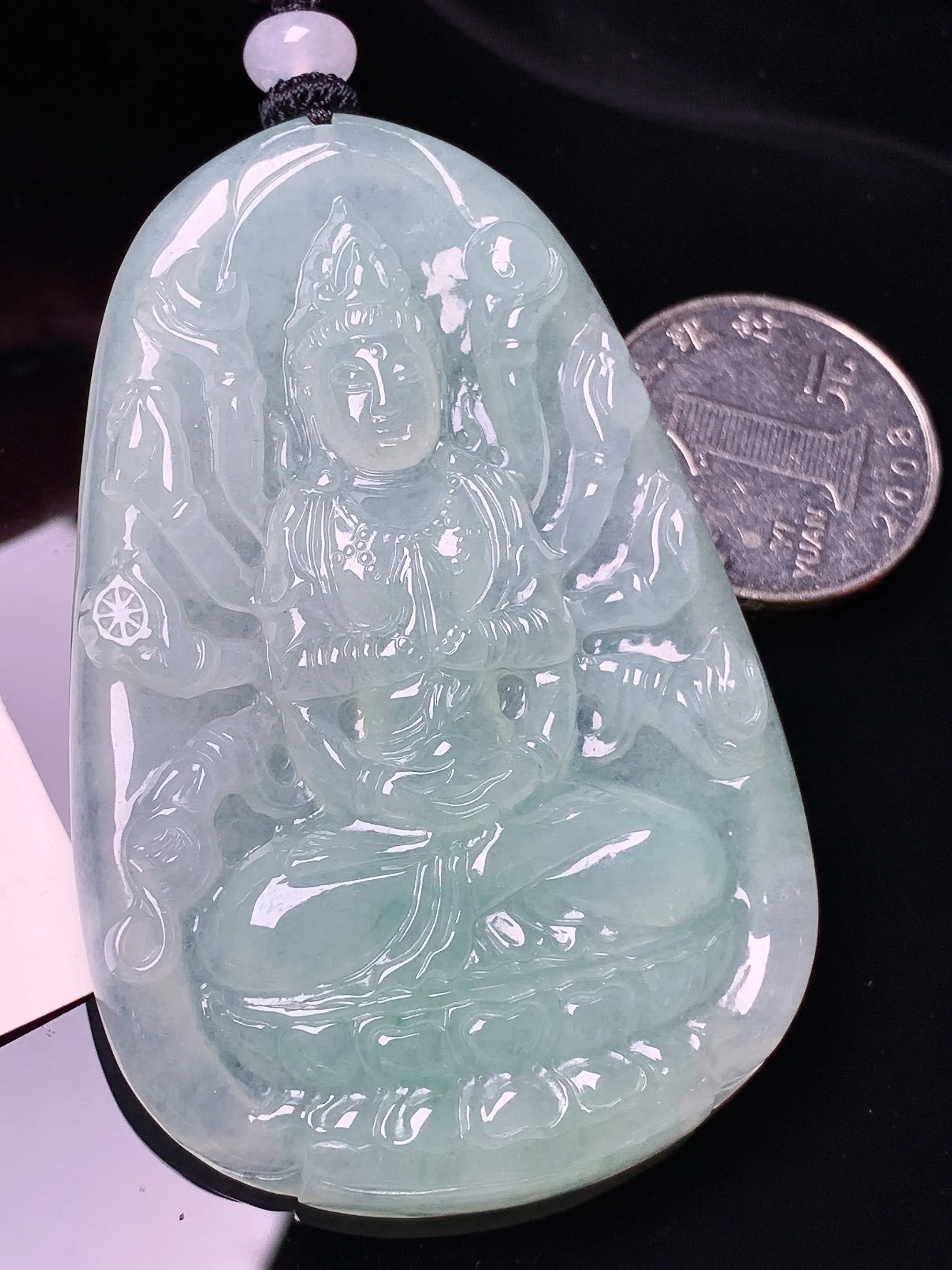 冰种千手观音菩萨吊坠 玉质细腻 色泽清新艳丽 整体尺寸66.5*44*6.3