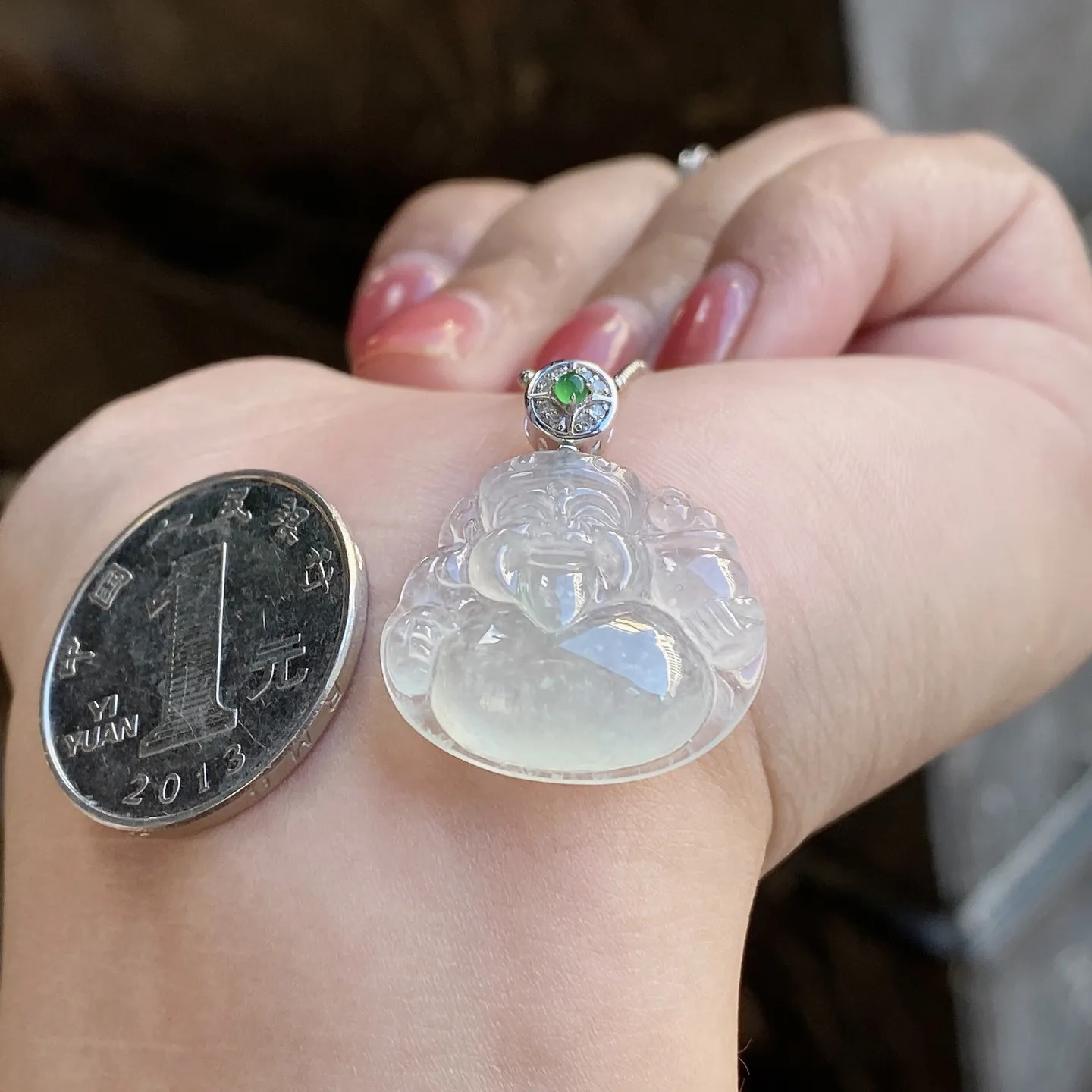 冰种雪花棉财神爷吊坠 尺寸27.3-22.2-5.8毫米
