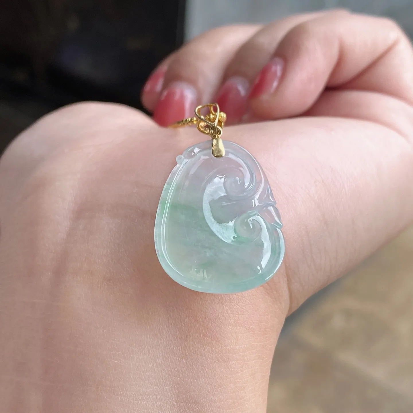 冰种飘花如意吊坠 尺寸33.5-18.3-5.7毫米