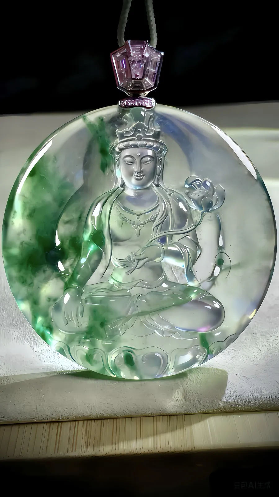 【心静如莲·观自在】，观音菩萨，
林乔玉雕艺术作品，玻璃种缅甸天然翡翠料子，
作品68-56-6.2mm，42.35g，
18K金，南非钻，