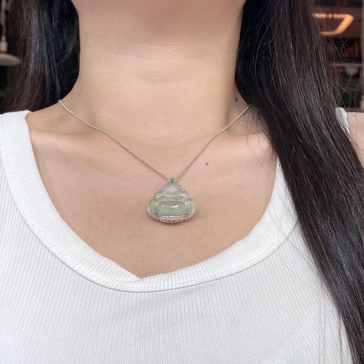 冰种飘花佛公吊坠 尺寸32.5-30-10.1毫米