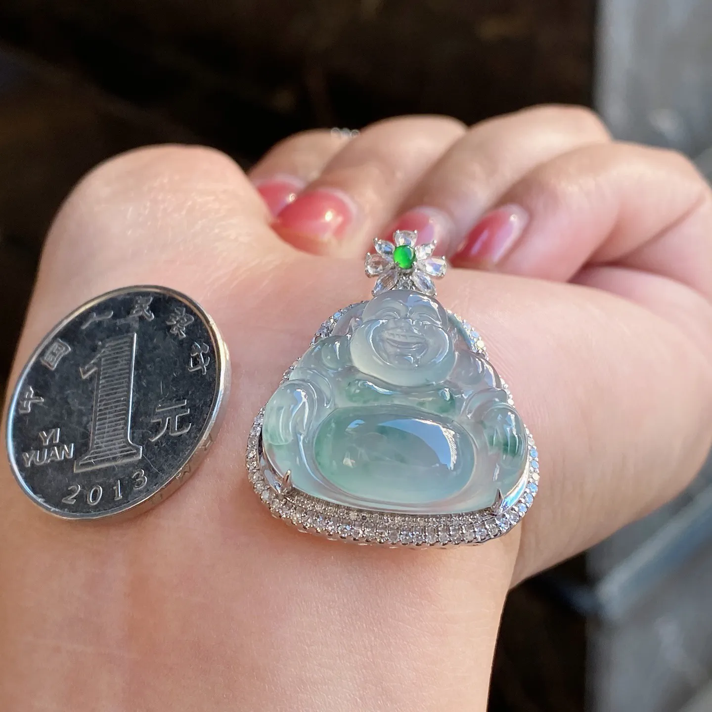 冰种飘花佛公吊坠 尺寸31-25.6-11.5毫米