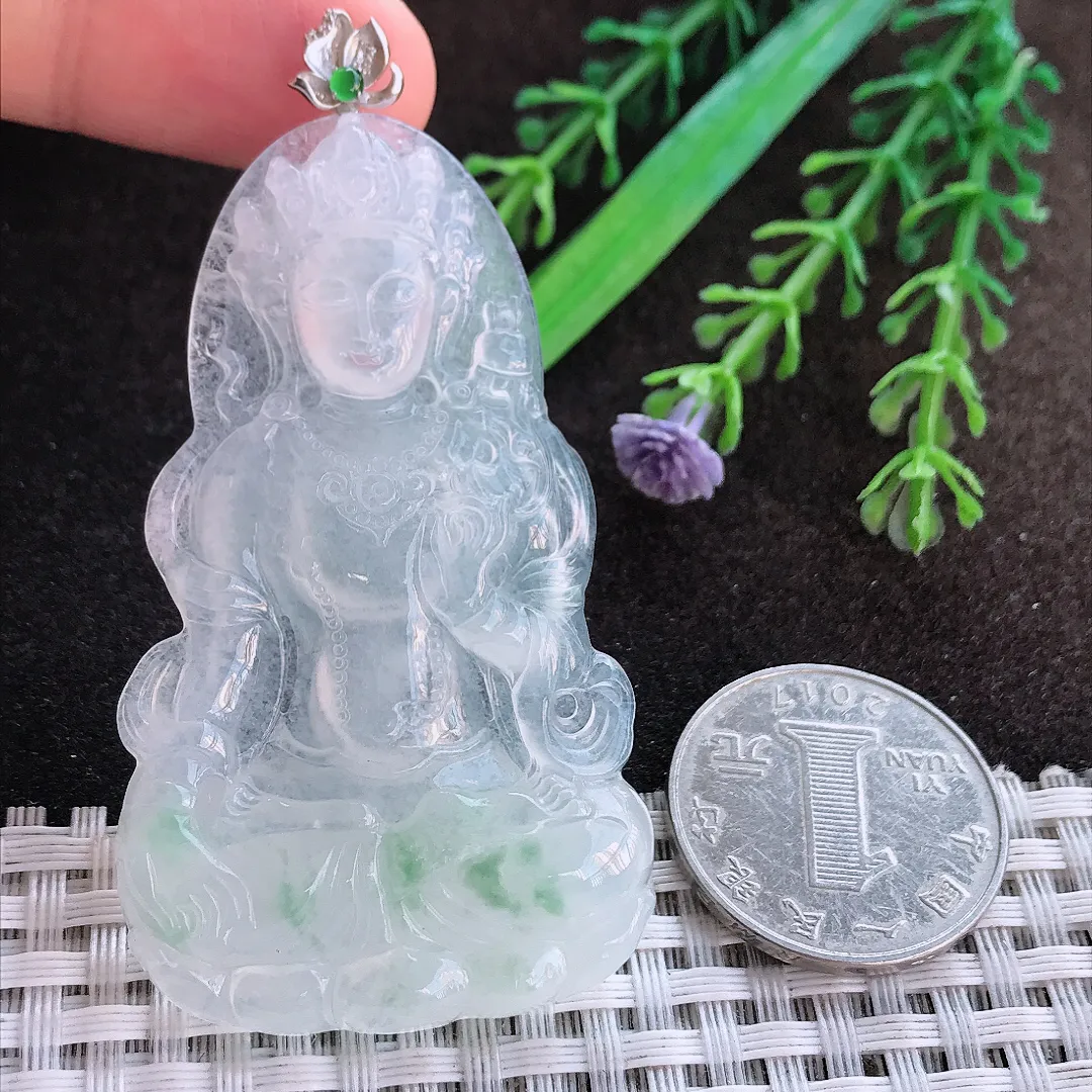 天然a货翡翠61.6/36.2/5.2老坑18k金镶嵌冰种起光渡母菩萨吊坠翡翠玉挂件