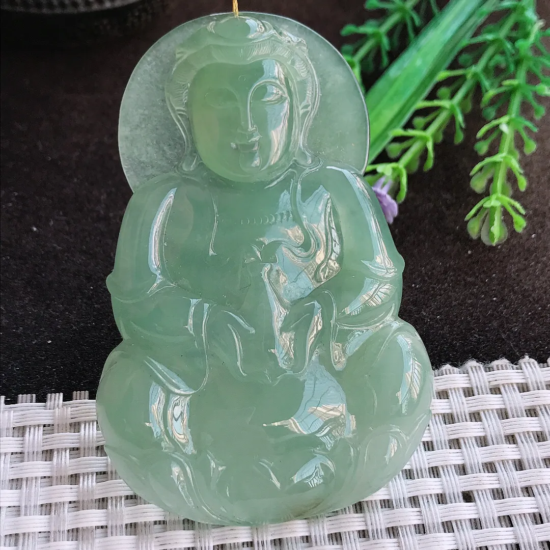 天然a货翡翠73.5/49/8.8老坑冰润起胶满绿观音吊坠翡翠玉挂件