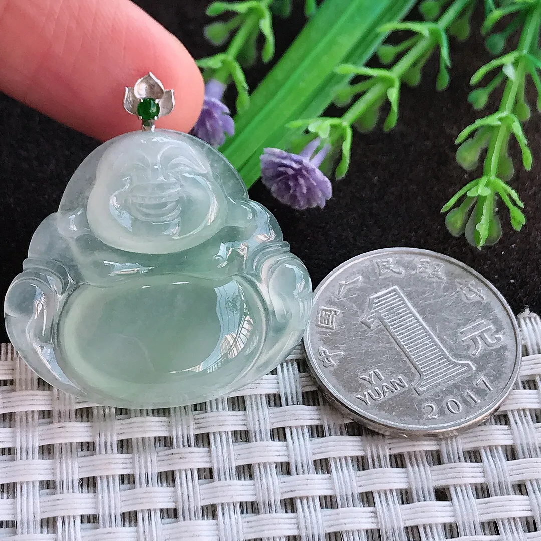 天然a货翡翠30.5/33.6/5.9老坑18k金镶嵌冰种起胶冰晴绿佛公吊坠翡翠玉挂件