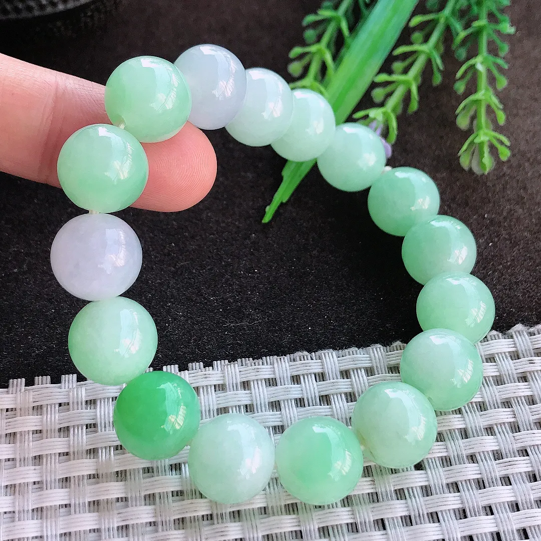 天然a货翡翠12.8/16颗老坑冰润水灵甜绿色圆珠手链翡翠玉珠手串