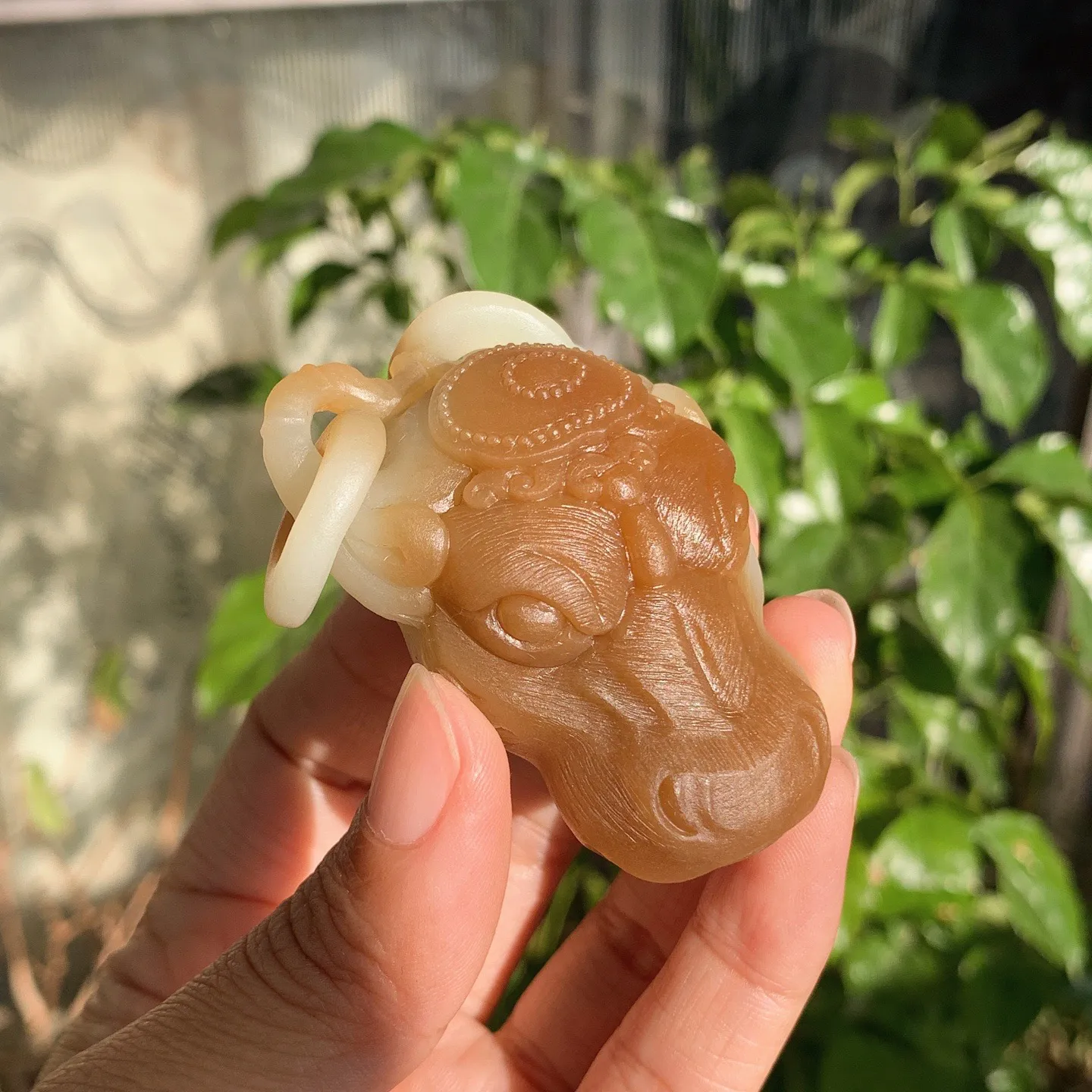 新疆且末糖扭转乾坤牛头挂件。尺寸60/43/27重91克。玉质细腻油润。手推出油。品相大气。lt25