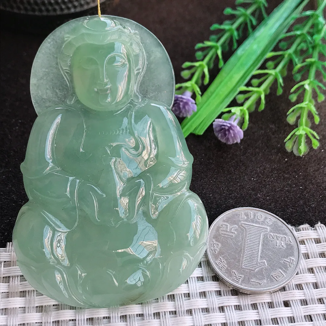 天然a货翡翠73.5/49/8.8老坑冰润起胶满绿观音吊坠翡翠玉挂件