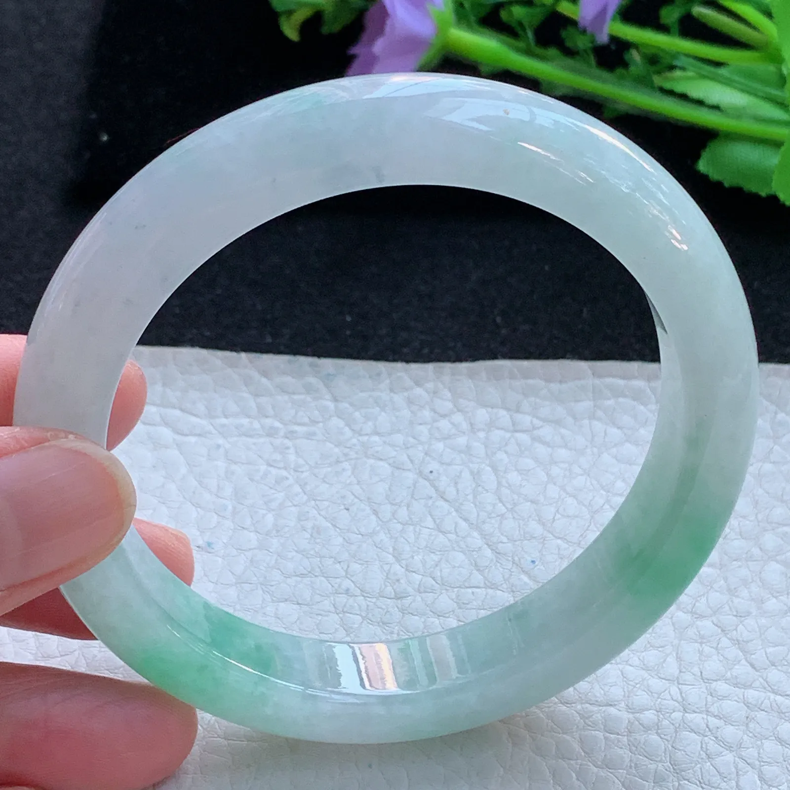 yh大圈口61.5*12.5*9.5平安镯 缅甸翡翠a货玉手镯冰润飘绿宽边玉手环