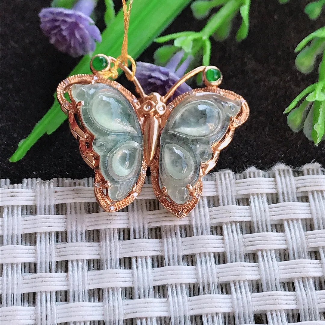 天然a货翡翠20.9/26.3/6.5老坑18k金镶嵌冰种蝴蝶吊坠翡翠玉挂件