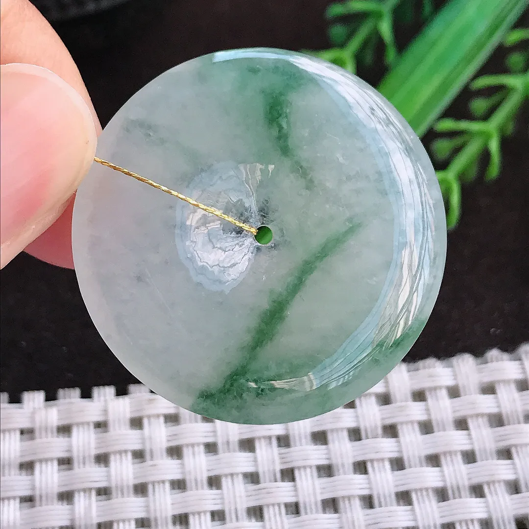 天然a货翡翠34.5/5.5老坑冰透果冻胶飘花平安扣吊坠翡翠玉挂件