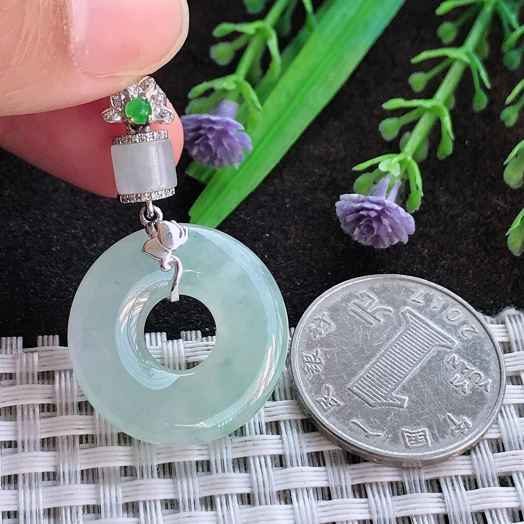 天然a货翡翠24.2/5.5老坑18k金镶嵌冰胶水灵冰晴玉环吊坠翡翠玉扣挂件