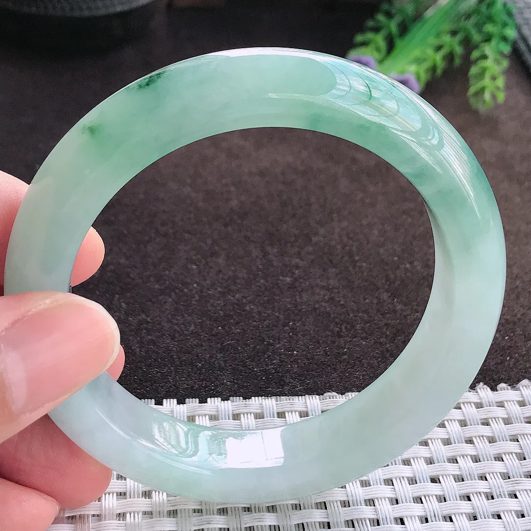 天然a货翡翠57.2/13.3/9.4老坑冰胶果冻飘花手镯宽边玉手镯