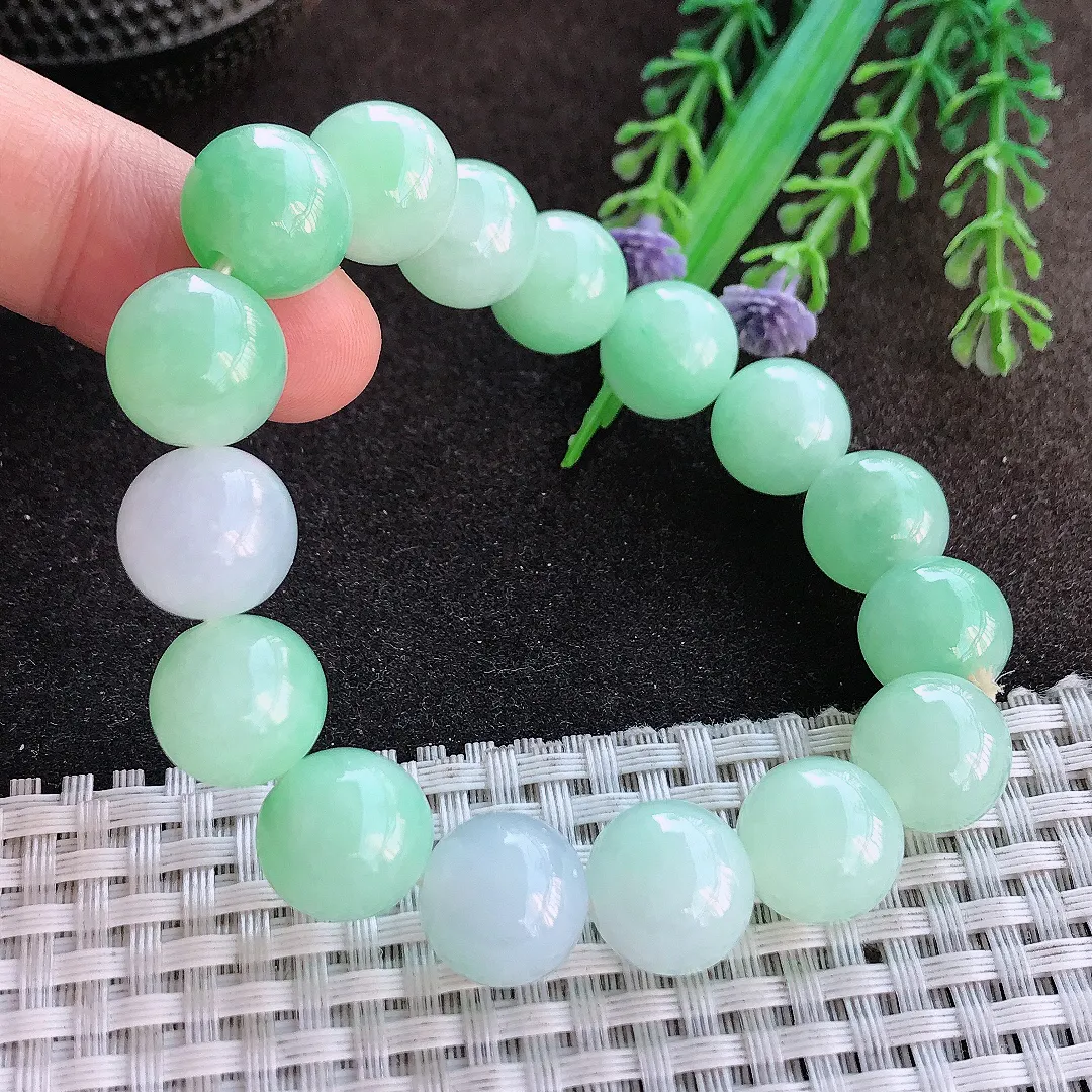 天然a货翡翠12.8/16颗老坑冰润水灵甜绿色圆珠手链翡翠玉珠手串