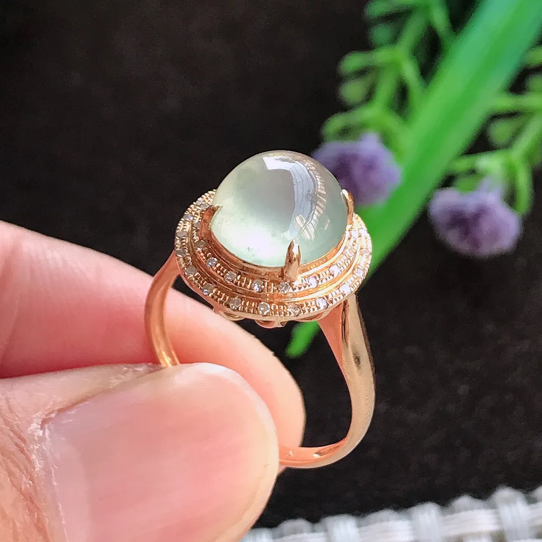 天然a货翡翠17.1/14/9.5老坑18k金镶嵌冰种起光戒指女款翡翠玉女戒